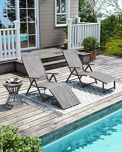 Pellebant Outdoor Chaise Lounge Set of 2, Aluminum Pool Lounge Chairs with Adjustable Backrest & Footrest, Foldable Pool Loungers for Beach, Poolside, Deck, Patio, Outdoor(2pcs, Light Grey)