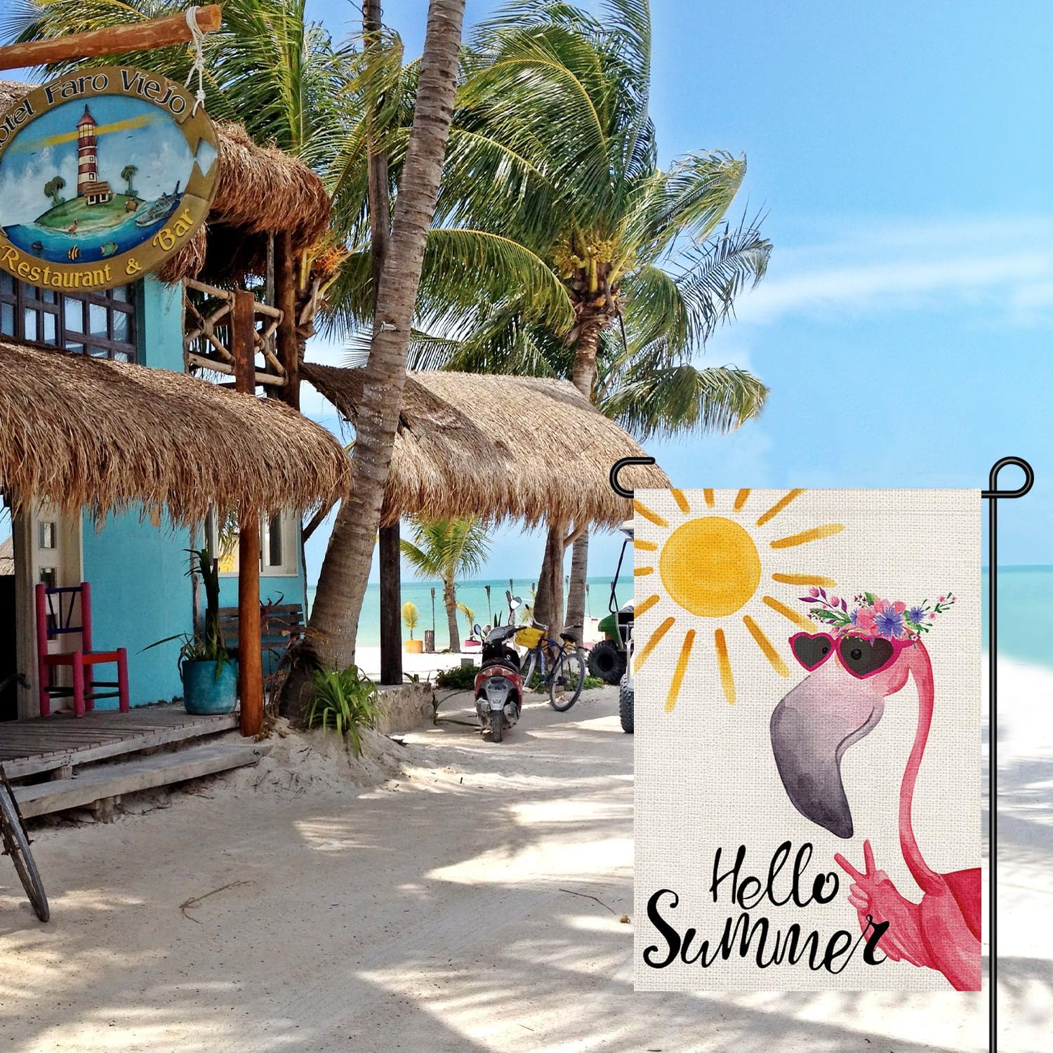 Hello Summer Flamingo Small Garden Flag Burlap Vertical Double Sided 12x18 Inch, Farmhouse Holiday Floral Beach Yard Outdoor Decor DF490