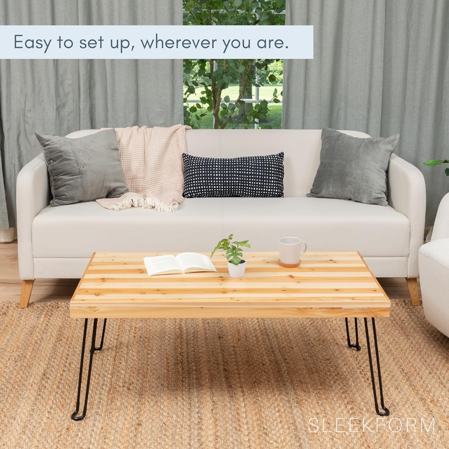 Sleekform Folding Wooden Coffee Table - Collapsible 20x40 Light Wood Mini Desk - Lightweight Foldable Coffee Tables for Small Spaces - Fold Up Hairpin Legs - Birch Wood Finish