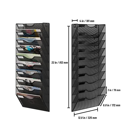10 Tier Mesh Hanging Wall File Holder, Metal Wall File Organizer, Hanging File Organizer for Office, Mail Organizer Wall Mounted, Convenient Office Organization, Black