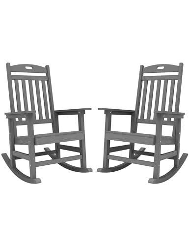 YEFU Outdoor Rocking Chair, Patio Rocking Chair Set of 2 with High Back, Poly Rocking Chair Look Like Real Wood, Widely Used for Lawn, Porch, Backyard, Indoor and Garden,380lb Heavy Duty (White)