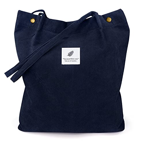 Corduroy Tote Bags for Women, Large Capacity Corduroy Bag Reusable Grocery Shoulder Bag with Inner Pockets