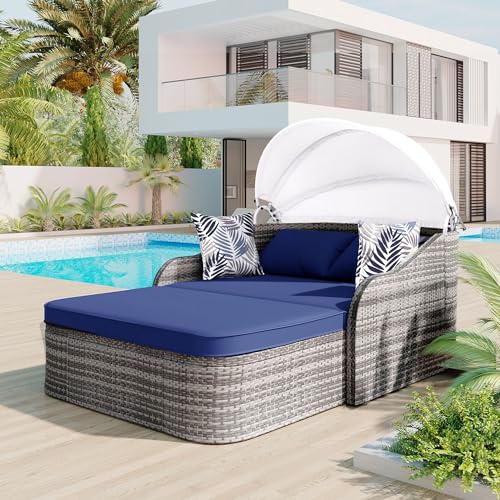 LUMISOL 79.9” Outdoor Sunbed with Adjustable Canopy, Daybed with Pillows, Double Lounge, PE Rattan Daybed, Grey Wicker+Blue Cushion