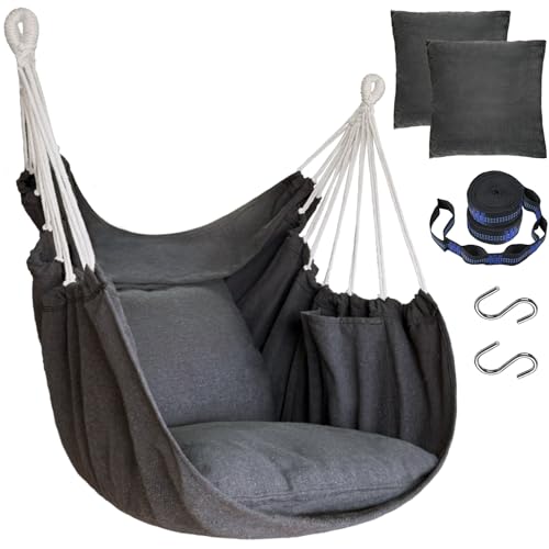 Hammock Chair Hanging Hammock Chair Rope Swing 2 Cushions Included-Sturdy & Durable Soft Cotton Hand Woven Hammock Swing for Bedroom, Porch, Patio-Indoor/Outdoor