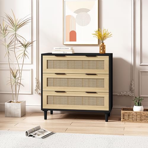 Storage Cabinet Rattan Dresser with 6 Drawers,Wood Wardrobe Closet Sideboard W/Metal Legs,for Bedroom,Living Room,Hallway,Entryway,Black, 47