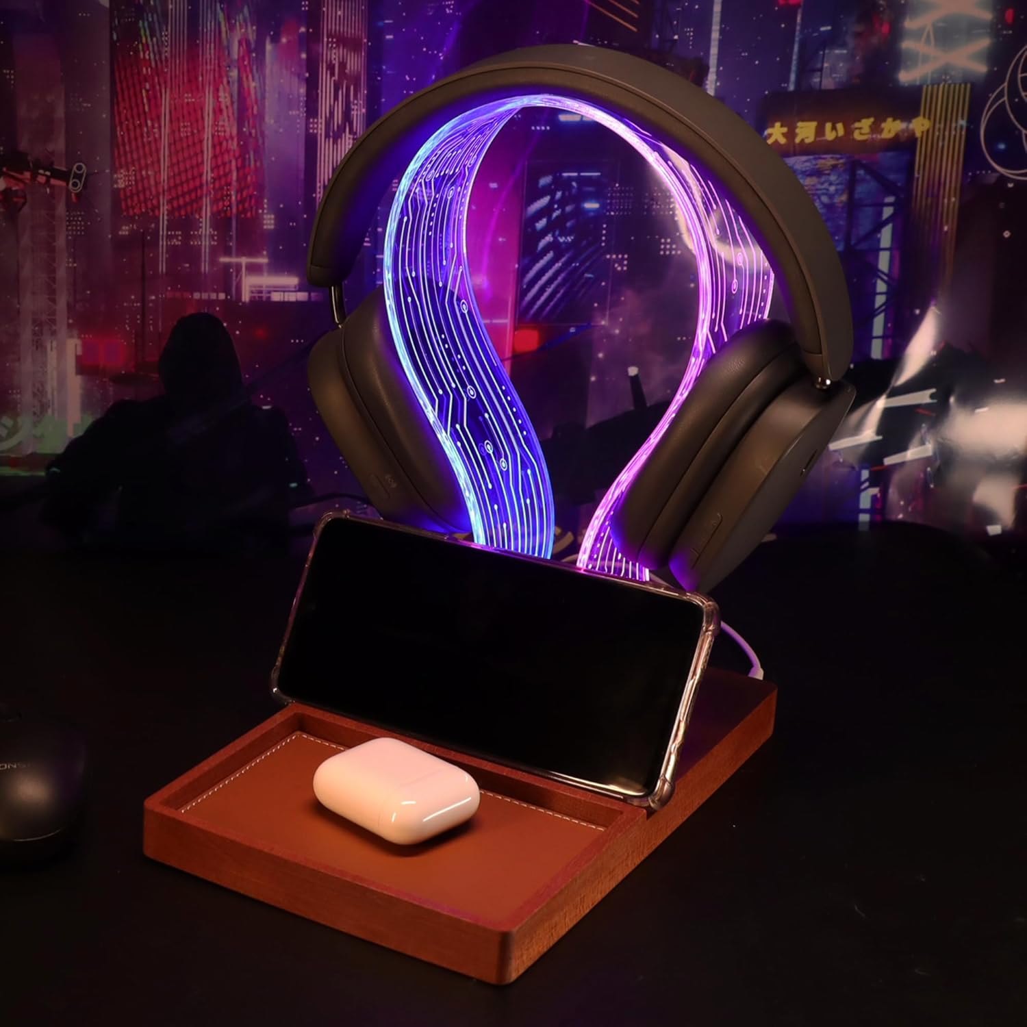 YuanDian Gamer Gifts for Teenage Boy, LED Gaming Headphone Phone Stand with Tray - Wood Holder with Blue Pink LED Night Light, Desk Organizer, Ideal Gift for Gamers, Men, and Music Lovers