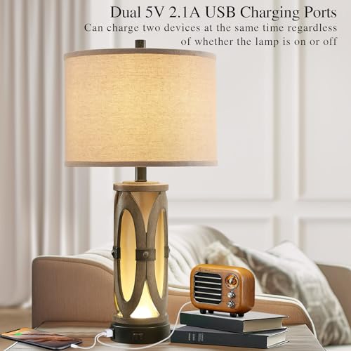 Table lamps for Living Room Set of 2, Rustic Farmhouse Nightstand Lamp with Dual USB Ports, Vintage Bedroom Bedside Lamp with Night Light for End Table Entryway, Included 2 Bulbs