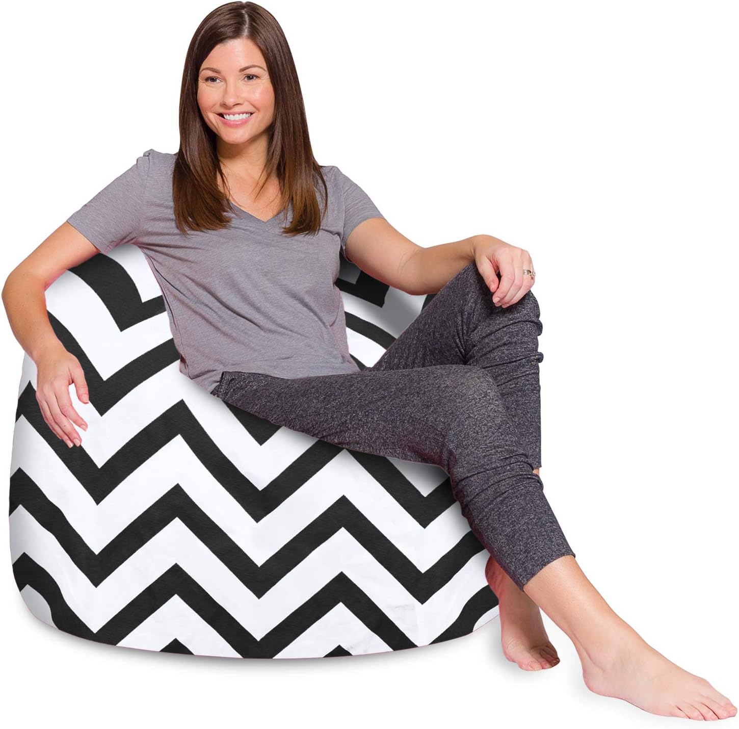 Posh Creations Bean Bag Chair for Kids, Teens, and Adults Includes Removable and Machine Washable Cover, 48in - X-Large, Canvas Chevron Black and White
