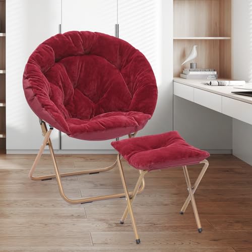 Magshion Round Foldable Oversized Moon Saucer Chair for Adults with Ottoman Foot Rest Large Cozy Chair for Bedroom, Blue