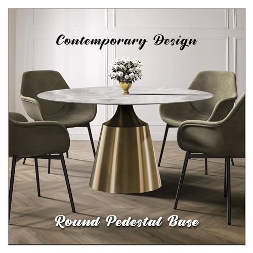 LeisureMod Round Dining Table with Glass Tabletop and Gold Stainless Steel Base for Home and Kitchen Prynn Collection, 60