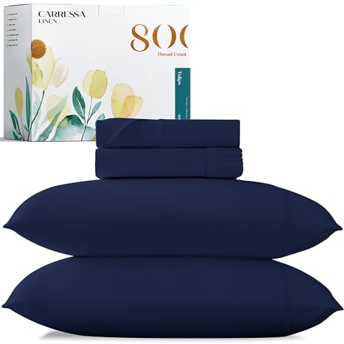 Carressa Linen 100% Egyptian Cotton Sheets Queen Size 800 Thread Count 6 PC Crisp White Cotton Sheets for Queen Size Bed, Extra Long Staple Soft Cooling Sheets, Luxury Hotel Sheets, 16 