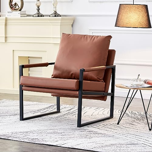 Modern PU Leather Accent Arm Chair with Metal Frame -Upholstered Armchair with Extra-Thick Padded Backrest and Seat Cushion - Perfect for Living Room, Bedroom, Office, or Reception Area (Brown)