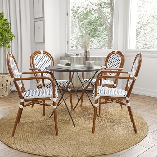 Merrick Lane Celia Indoor/Outdoor French Bistro Stack Chair - White & Navy PE Rattan Seat - Natural Bamboo Finished Metal Frame - Set of Four
