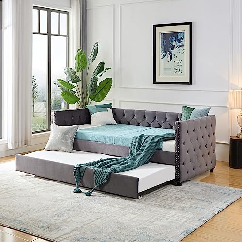 Flieks Twin Velvet Upholstered Daybed with Twin Trundle, Twin Size Upholstered Tufted Sofa Bed with Nail Head Trim, Sofa Bed Trundle Daybed with Wood Frame, Beige