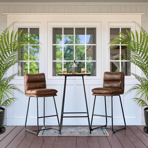 glitzhome Pub Table Set - Industrial Modern Square Bar Table with Walnut Veneer Top and Cream Thick Leatherette Bar Stools, Bistro High Table and Chairs for Living Room Dining Room Restaurant Bar