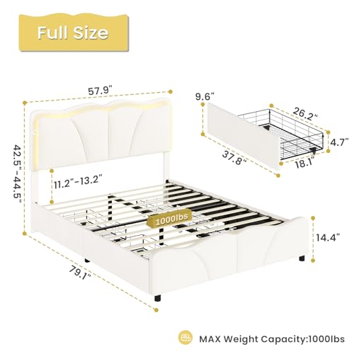 MSmask Full Size Bed Frame with 4 Storage Drawers and LED Lights, Velvet Upholstered Platform Bed Frame with Height Adjustable Headboard, LED Bed Frame with Type C & USB, No Box Spring Needed, White