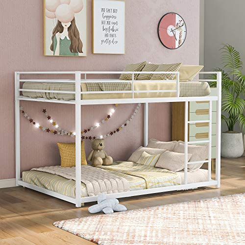 Full Over Full Bunk Bed Metal Bunk Bed Low Bunk Bed with Full-Length Guardrails&Ladder, 2 in 1 Bed Frame, No Box Spring Need (Full,White)