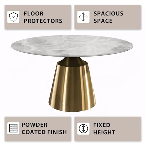 LeisureMod Round Dining Table with Glass Tabletop and Gold Stainless Steel Base for Home and Kitchen Prynn Collection, 60