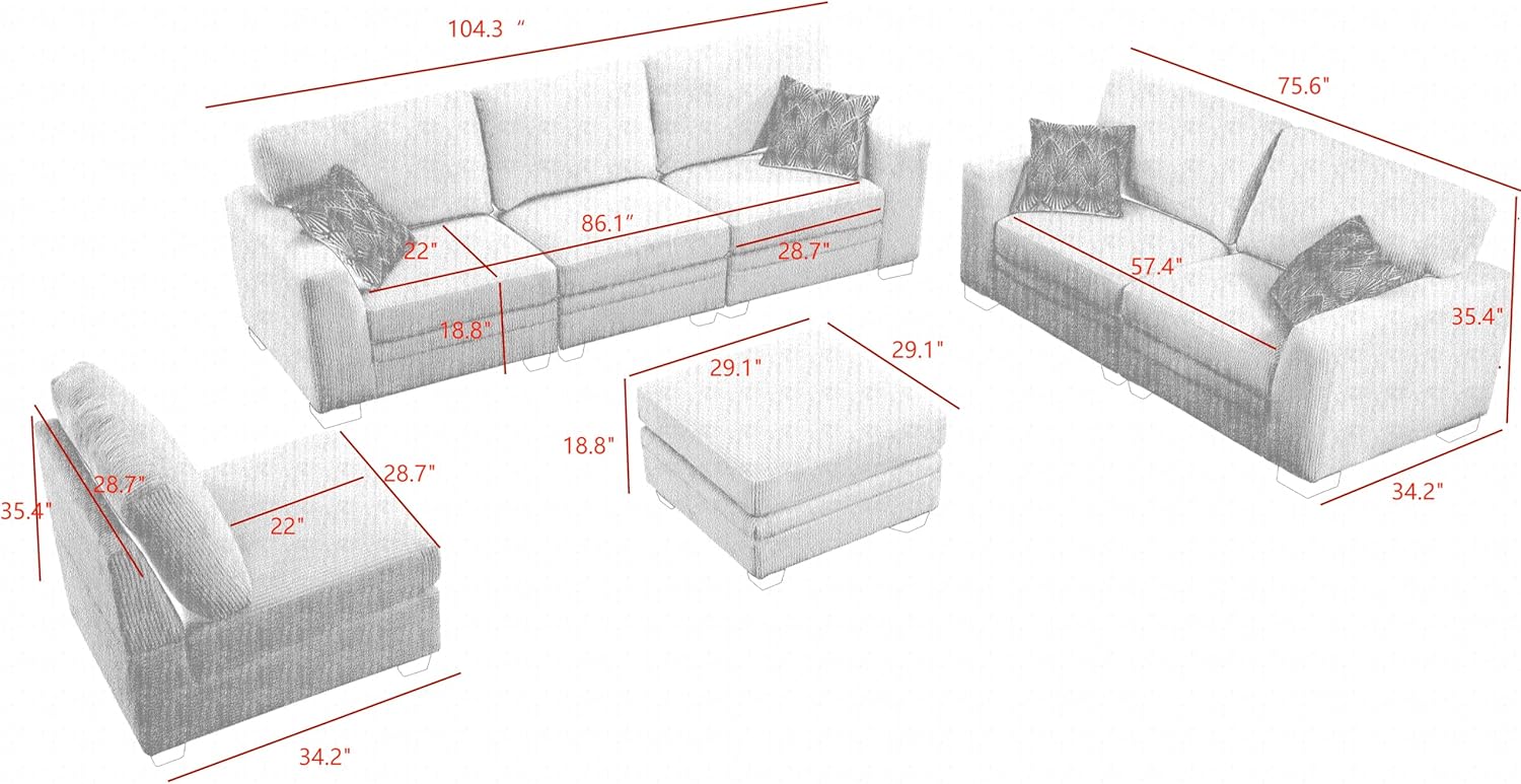 7PCS Corduroy Flexible Combination Sofa Living Room Set Sectional, Cream