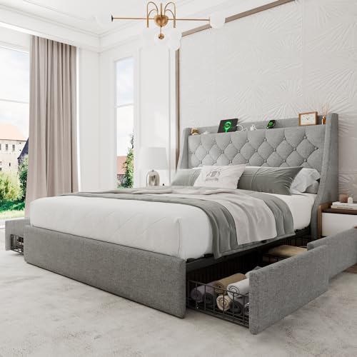 Upholstered Full Size Bed Frame with 4 Storage Drawers, Platform Bed Frame with Wingback Headboard, Charging Station, No Box Spring Needed, Beige