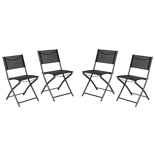 Merrick Lane Bardwell Indoor/Outdoor Flex Comfort Fold Chairs, Breathable Textilene Backs and Seats, Durable Steel Frames, Set of 4, Gray/Black