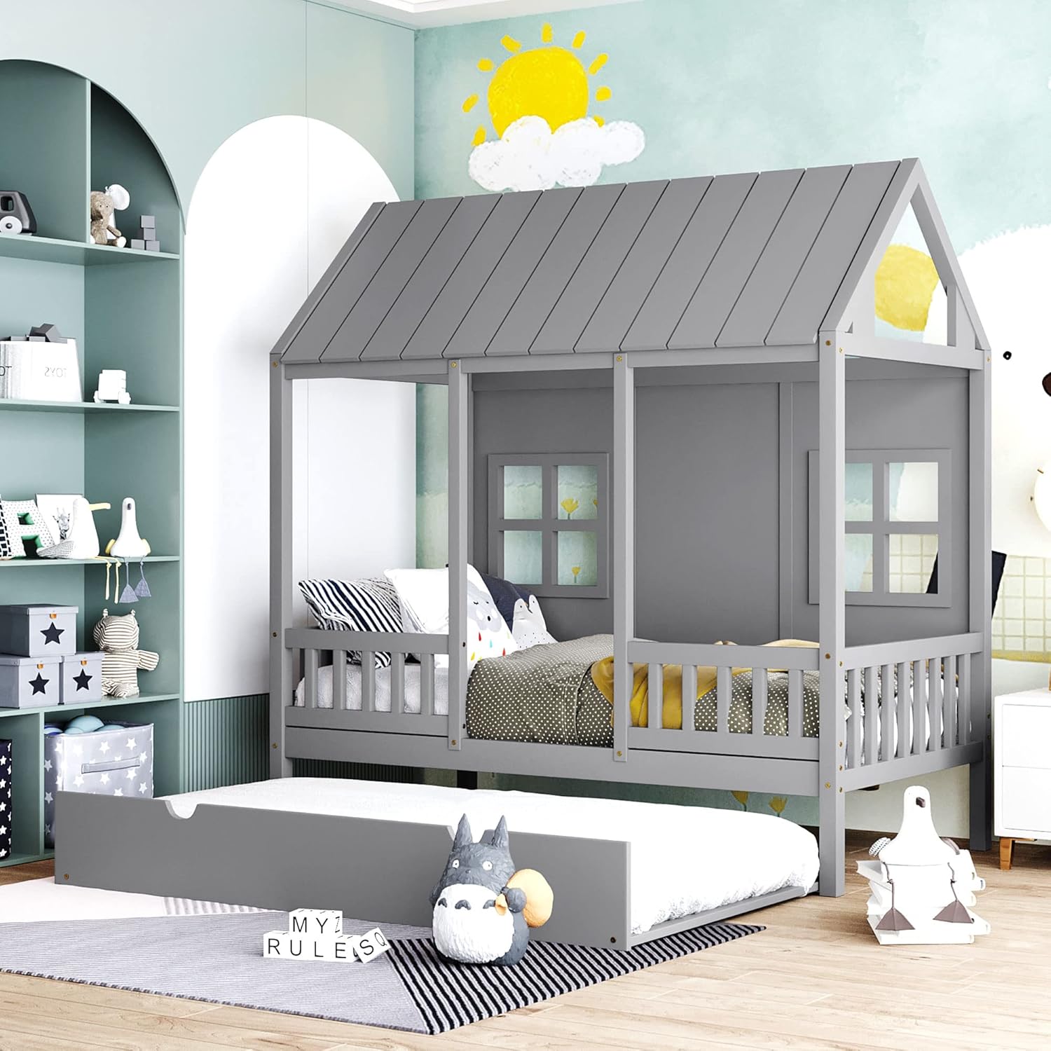 Twin Size House Bed with Twin Trundle, Wooden House-Shaped Daybed with 2 Windows and Safety Full-Length Guardrails for Kids Boys Girls Bedroom, A Beautiful Piece for Bedroom, Gray