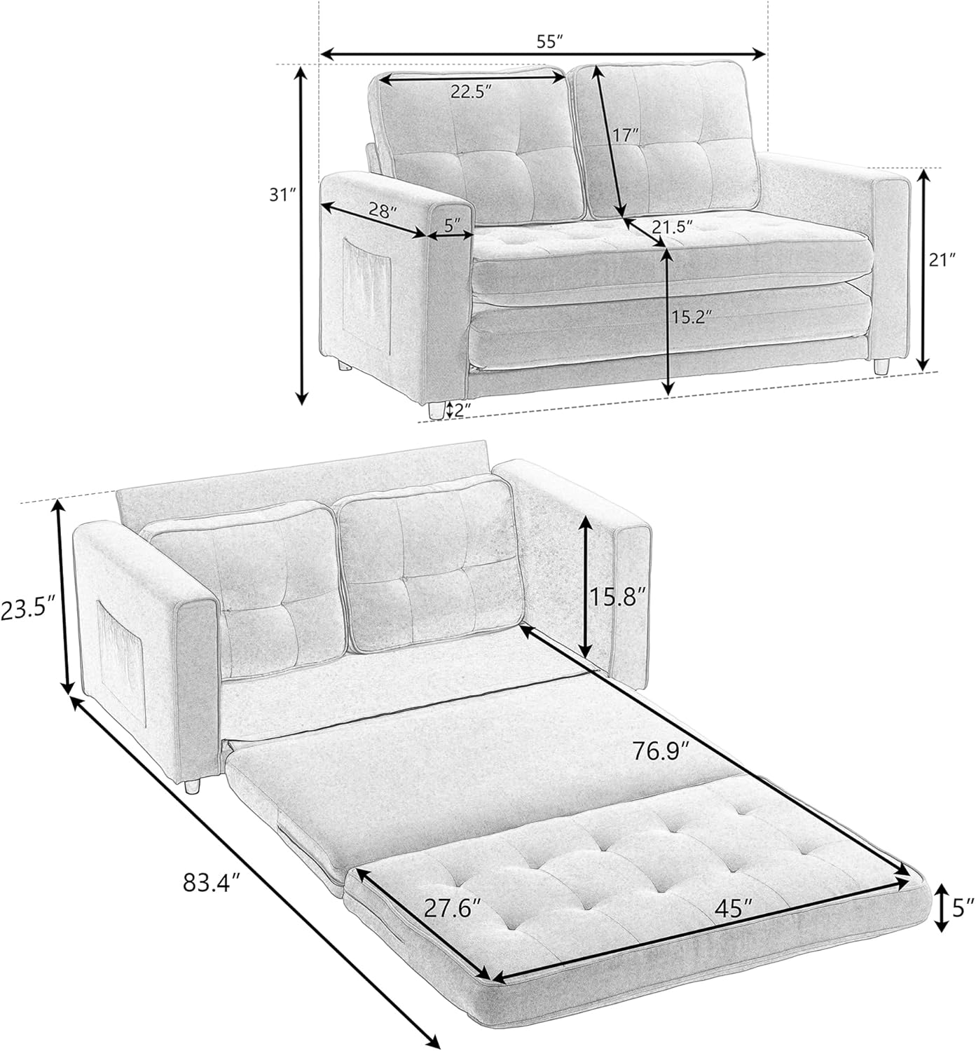 3-in-1 Upholstered Futon Sofa Convertible Floor Sofa bed,Foldable Tufted Loveseat with Pull Out Sleeper Couch Bed,Folding Mattres Love Seat Daybed W/Side Pockets for Living Room (Light Gray)