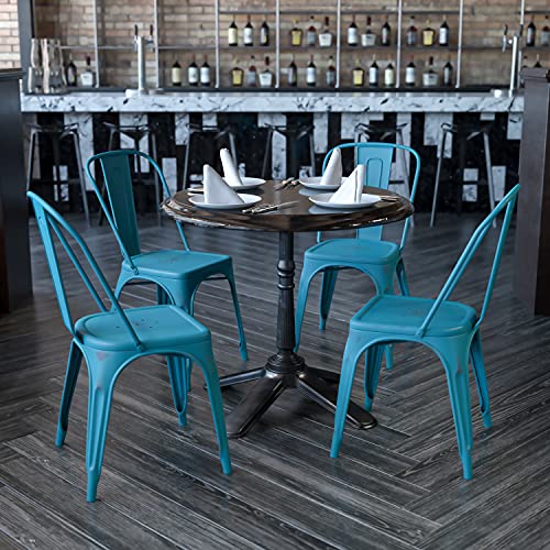 EMMA + OLIVER 4 Pack Distressed Blue-Teal Metal Indoor-Outdoor Stack Chair - Kitchen Furniture