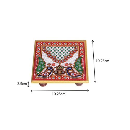Marble Chowki with Intricate Floral Painting (Square) Shape Decorative Design Used to Keep Pooja Items
