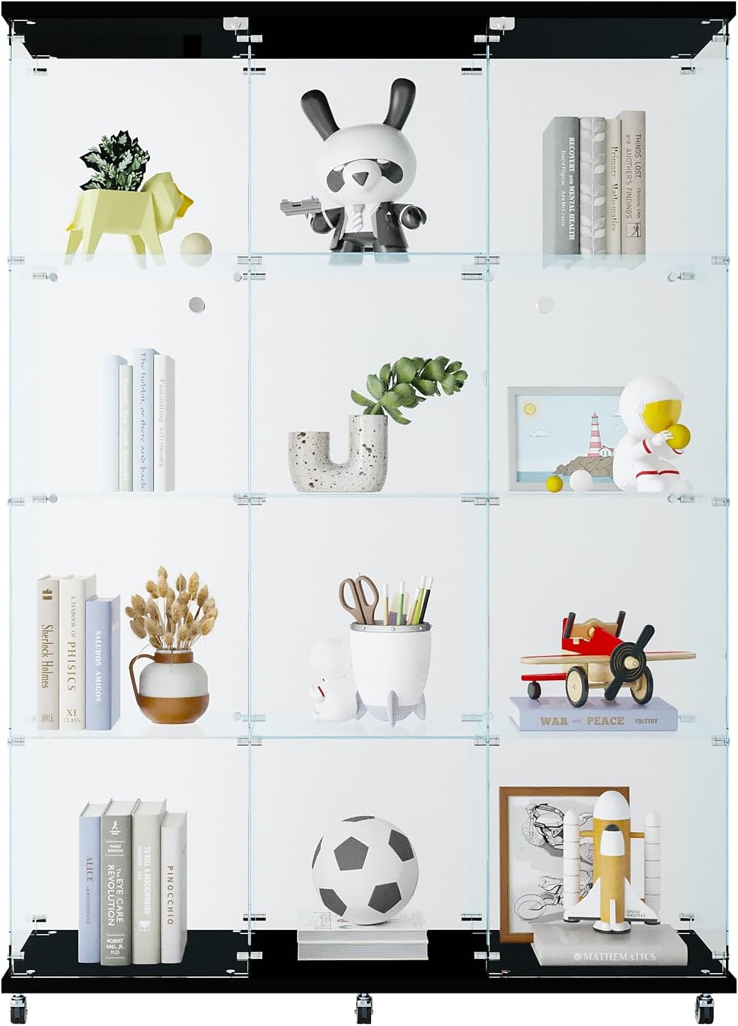 Glass Display Cabinet with 4 Shelves Extra Large, Curio Cabinets for Living Room, Bedroom, Office, Black Floor Standing Glass Bookshelf, Quick Installation，66.14”(H) x 47.64”(L) x 14.57”(W)