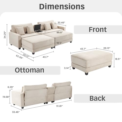 ROWHY Oversized Corduroy Loveseat with USB Charger, 42