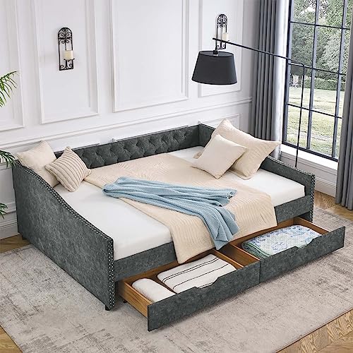 Daybed with Drawers, Modern Linen Upholstered Full Size Day Bed Button-Tufted Sofa Daybed Frame with Double Drawers, No Box Spring Needed, Furniture for Bedroom Living Room Guest Room (Beige, Full)