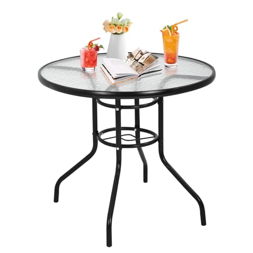 Outdoor Dining Bistro Table 32'' Tempered Glass Patio Table, Square Patio Table with Umbrella Hole for Outdoor Dining Bars Garden lawn Balcony Yard