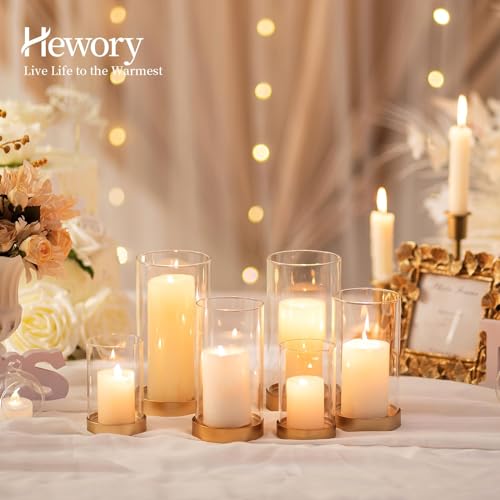 Hewory Hurricane Candle Holder for Pillar Candles: Gold Votive Candle Holders Set of 6, Glass Hurricane with Metal Candle Plate, Pillar Candle Holder for Table Centerpiece Wedding Holiday Home Decor