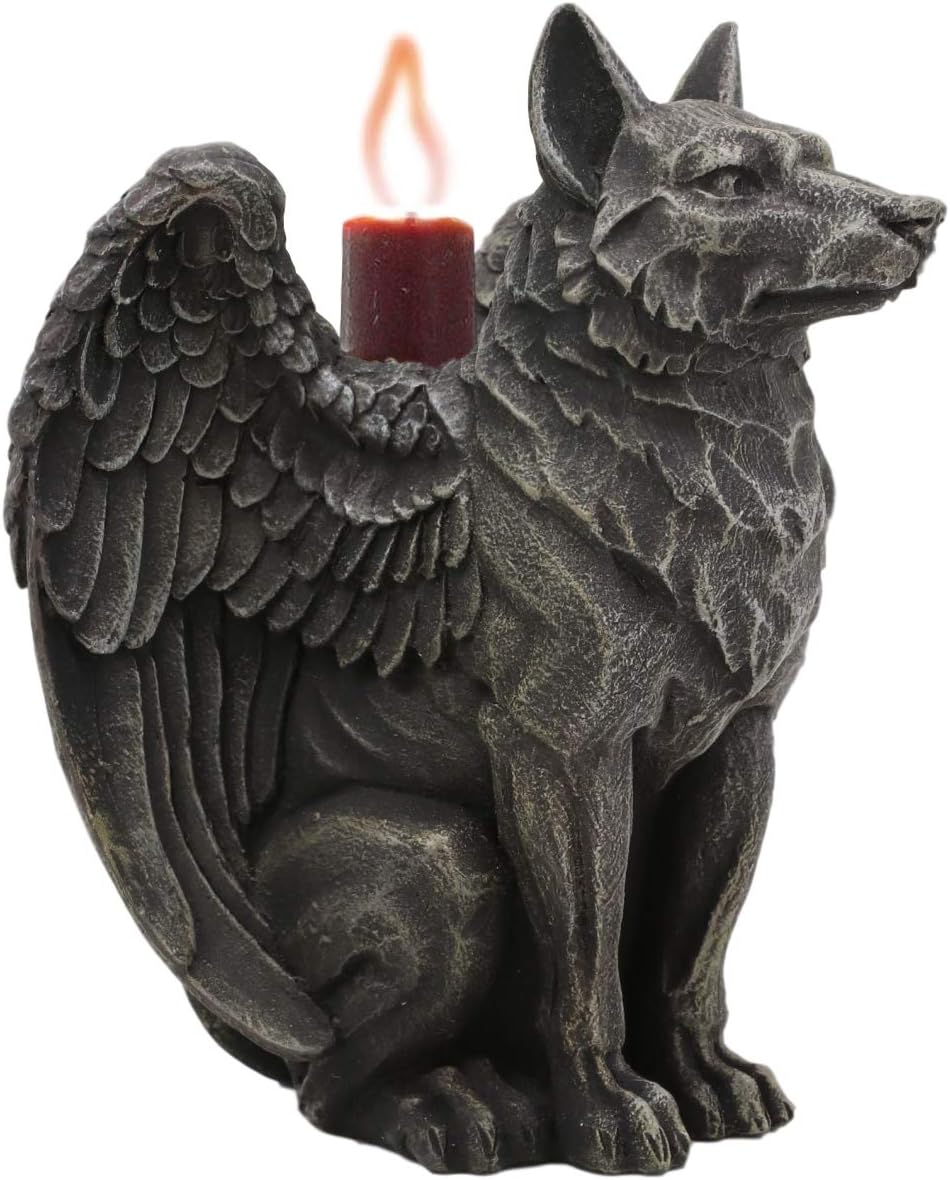 Ebros Sitting Gothic Angel Winged Wolf Candle Holder Statue Denizen Of The Twilight Werewolves Direwolf Fantasy Decor Sculpture For Halloween Underworld Macabre Mystic Decorative Candleholder Figurine