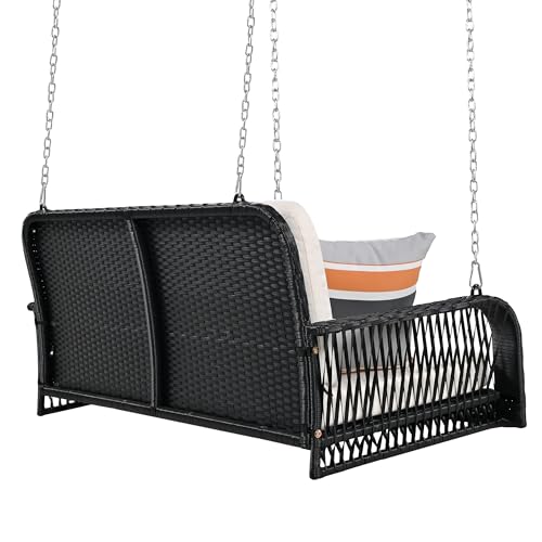 PE Wicker Porch Swing, 2-Seater Hanging Bench with Chains, Patio Furniture Swing All Weather Design,Bearing 500Lbs 2-Person Wicker Hanging Porch Swing for Backyard,Garden,Poolside (Beige+Black)