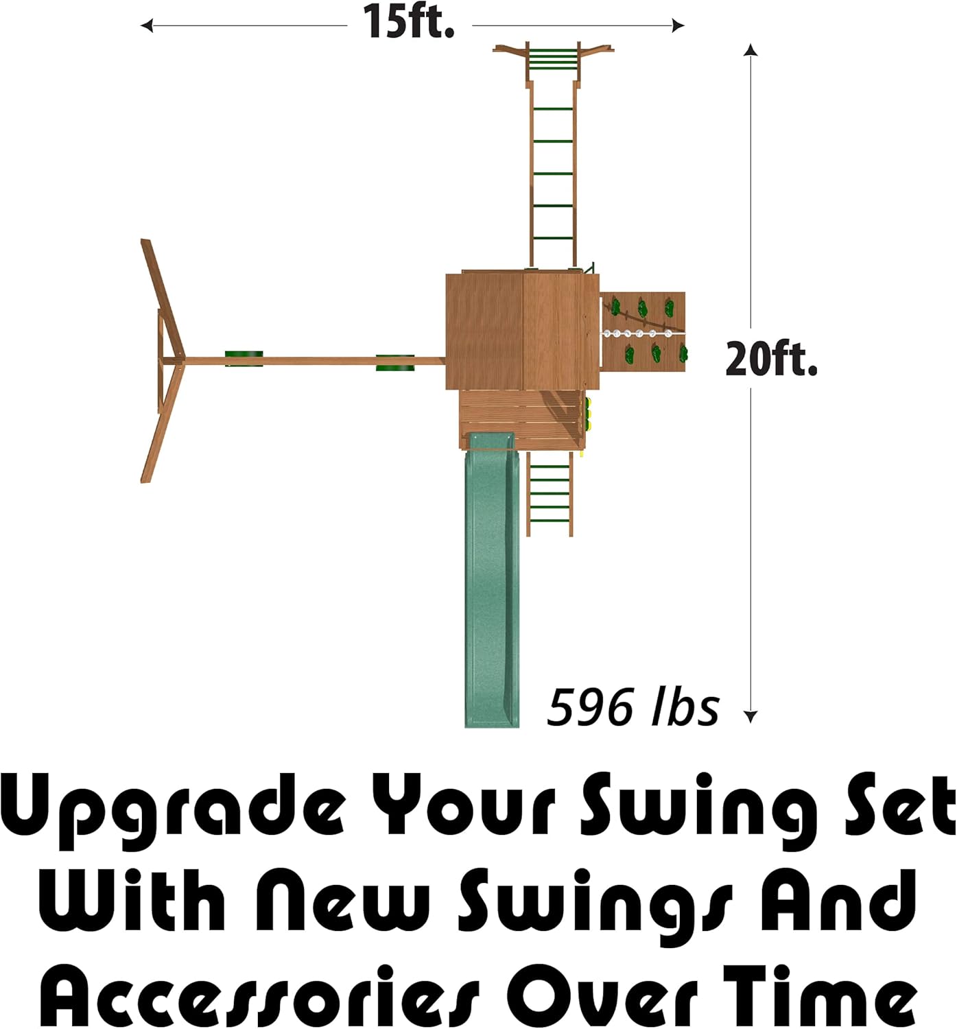 Creative Playthings Spring Hill Wooden Swing Set with Monkey Bars (Made in The USA), includes Kids Climbing Wall, Monkey Bars, Playground Swings and Slide,15 x 20 x 11 ft