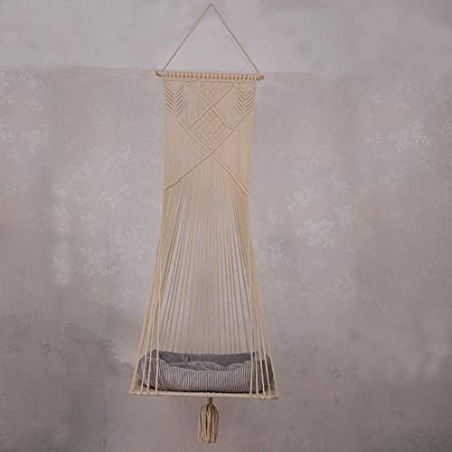 Cat Bed Cat Hammock Macrame Cat Swing Bed Cat Cage Cotton Rope Hanging Cat House Cats Toy Tassel Basket Tapestry (white)