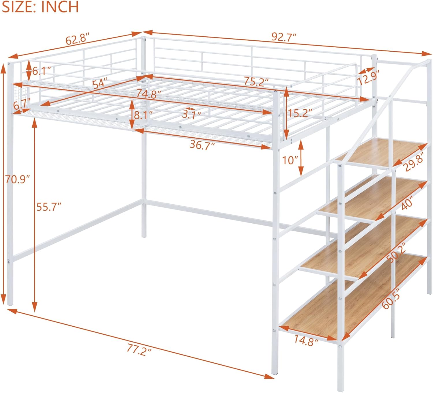 Bellemave Full Size Loft Bed with Storage Stairs, Metal Loft Bed with Storage Shelf, Metal loft Bed for Adults, Teens, Kids, Girls, Boys, White
