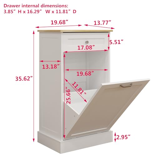Tilt Out Trash Cabinet, 10 Gallon Wood Free Standing Laundry Sorter Trash Can with Drawer, Kitchen Garbage Can Recycling Bin Cabinet for Living Room Bathroom, White