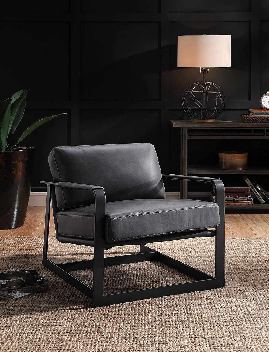 Acme Locnos Top Grain Leather Upholstered Accent Chair in Gray and Black
