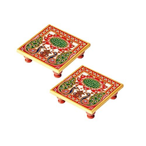 Marble Puja Chowki Pair with Intricate Floral Painting Used to Keep Pooja Items