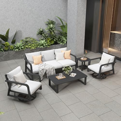 Aluminum Patio Furniture Set,5-Piece Metal Patio Conversation Set with Swivel Rocking Chairs,Modern Outdoor Sectional Sofa with Coffee Table for Lawn, Garden, Backyard, Balcony (Light Grey Cushions)