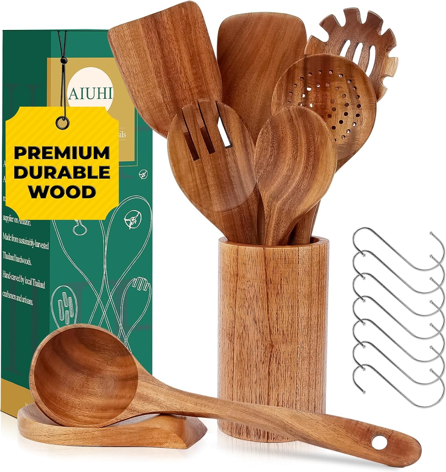 AIUHI 9pcs Wooden Spoons for Cooking, Wooden Kitchen Utensils, Teak Wood Spatulas Utensils set