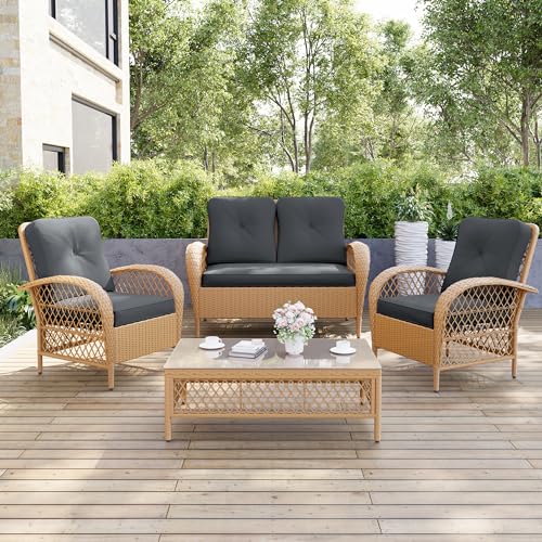 Patio Outdoor Furniture Set, Brown PE Rattan Patio Conversation Sets, 4 Pieces Wicker Patio Set with Loveseat, 2 Chairs, Coffee Table and Cushions for Backyard,Porch,NavyBlue