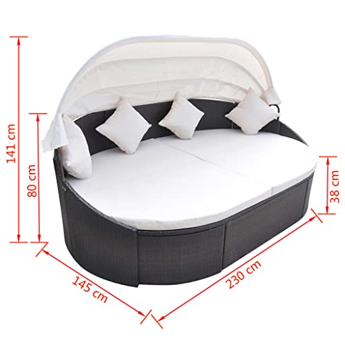 Patio Lounge Bed with Canopy Poly Rattan Brown,Patio Daybed with Canopy Outdoor Furniture Wicker Round Daybed with Soft Cushions Coffee Table for Patio Backyard Poolside