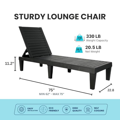 BTEXPERT Foldable Outdoor Chaise Lounge Pool Chair Folding Sun bed Patio Couch Reclining lounger Adjustable Backrest tanning Waterproof lightweight Seating Capacity 330lb Black, Set of 3