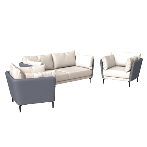 LeisureMod 3-Piece Sofa Set with a 3-Seater and 2 Single-Seater Armchair Upholstered in Leather with Removable Cushions Luxify Series in Grey