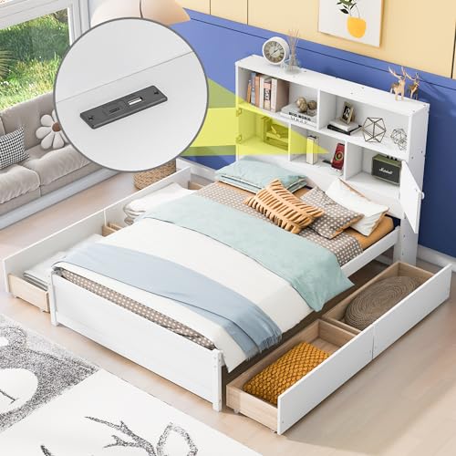 Bellemave Captain beds with Storage, Full Size Storage Bed with 4 Drawers and Storage headboard, Full Size Bed with Bookcase and USB, Full Bed for Kids, Boys, Girls, Teens Adults, White