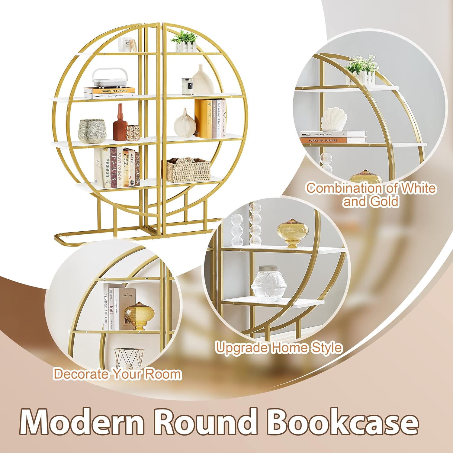 4-Tier Bookcase Home Office Open Bookshelf with Different Placement Ways,Round-Shaped Bookcases w/Anti-Falling Device,Steel Frame,Easy to Assemble,Golden+White